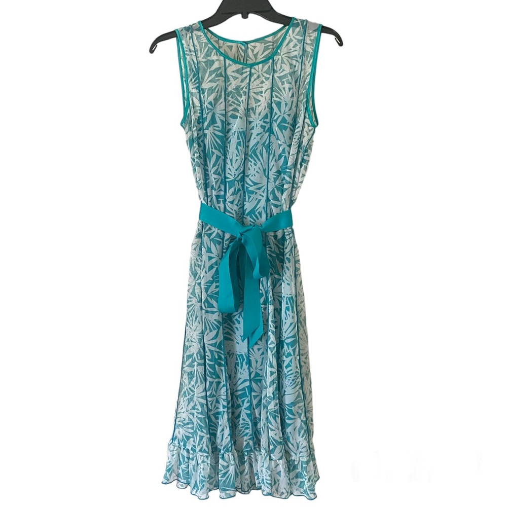 Jessica Howard Green White Midi Tiered Dress Size 6 Floral Pleated Sash